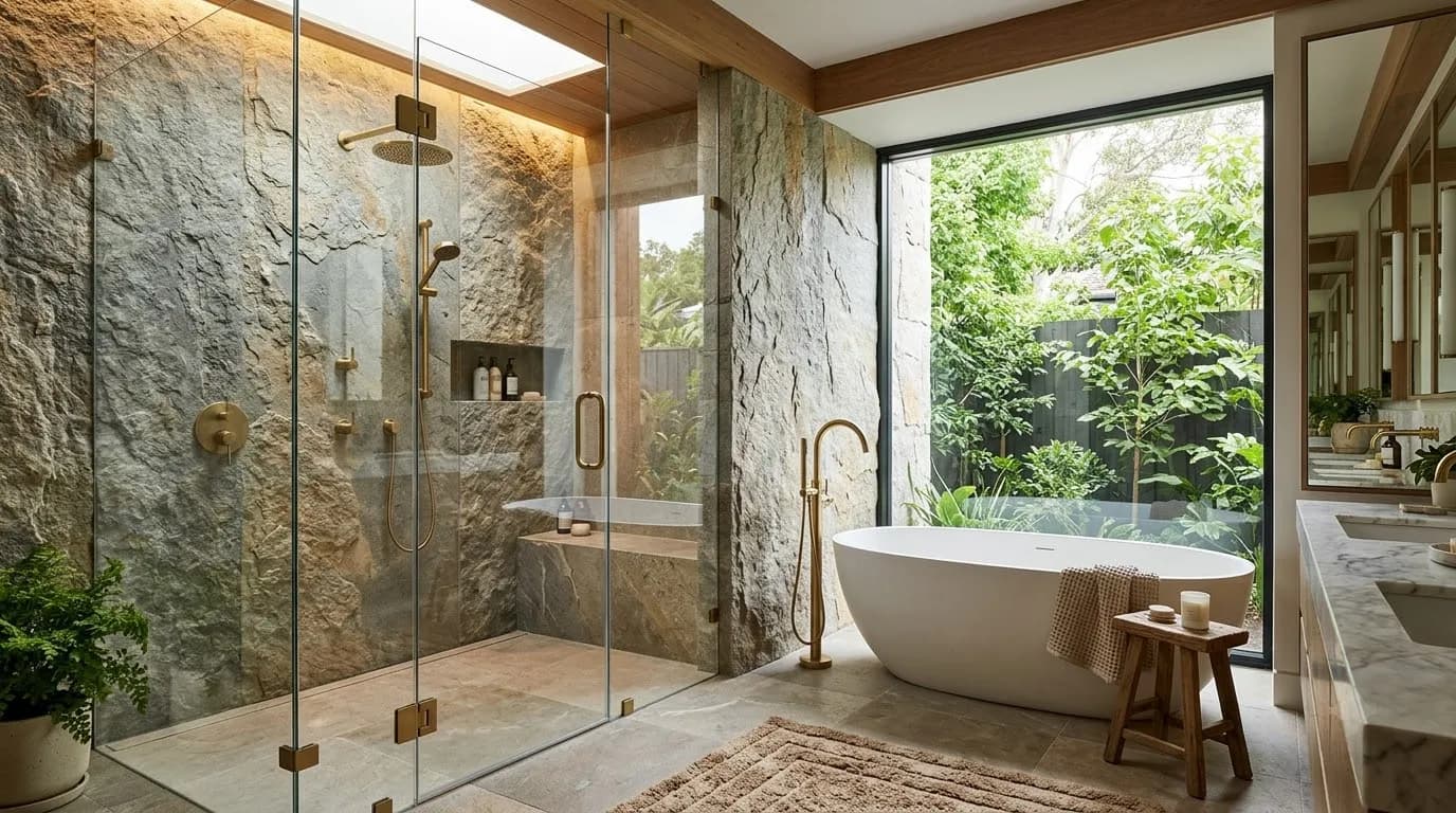 Master bath with stone wall and tub