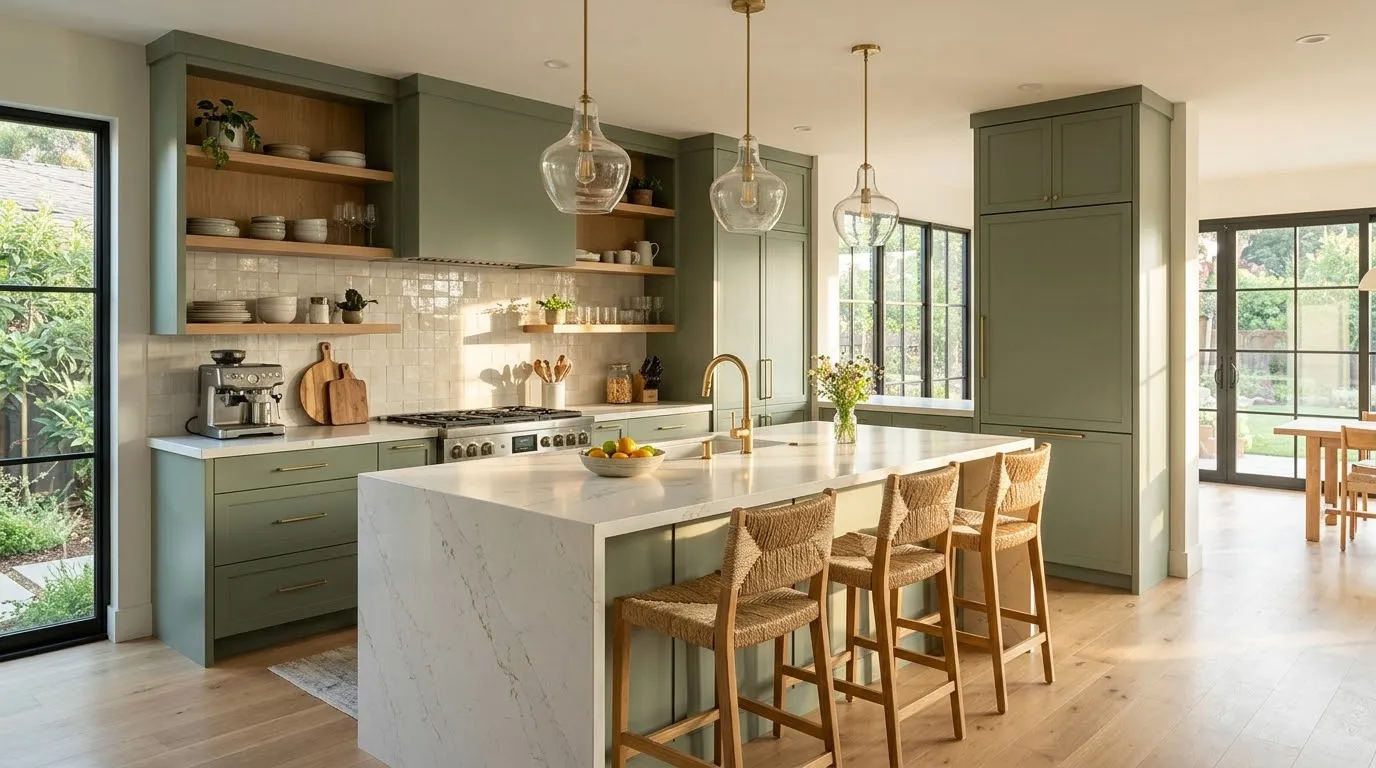 Kitchen with island and pendant lights