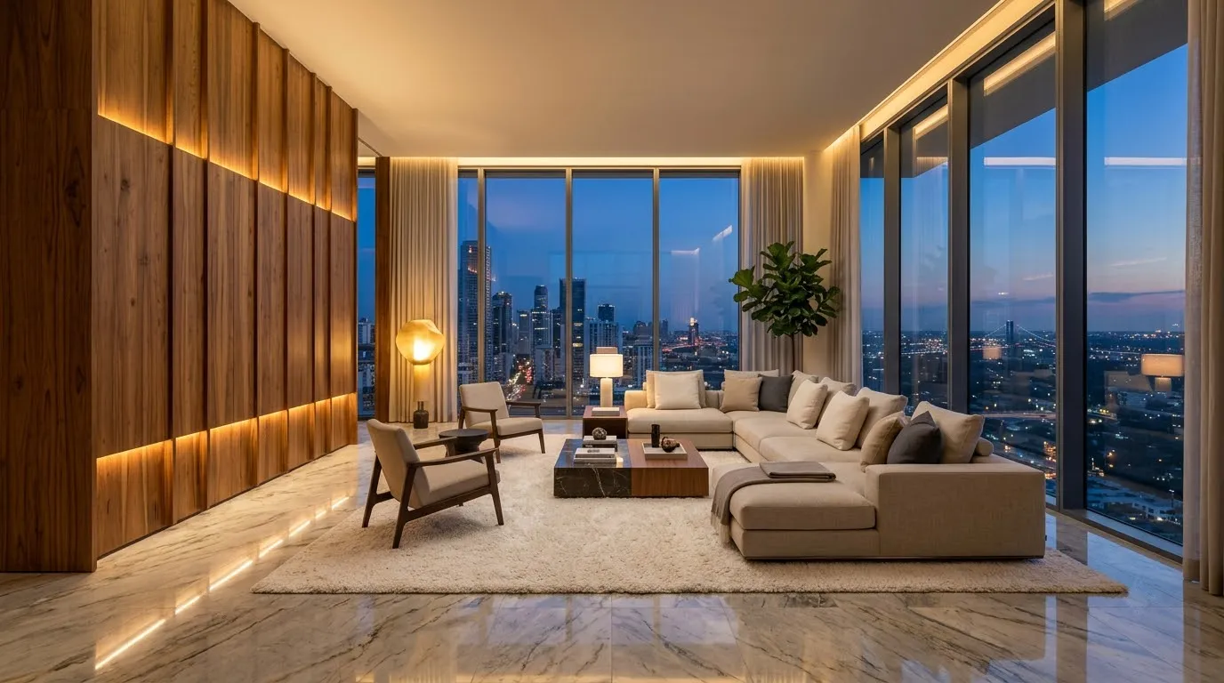 Living room with city views at dusk