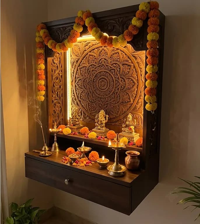 Pooja corner with brass diya
