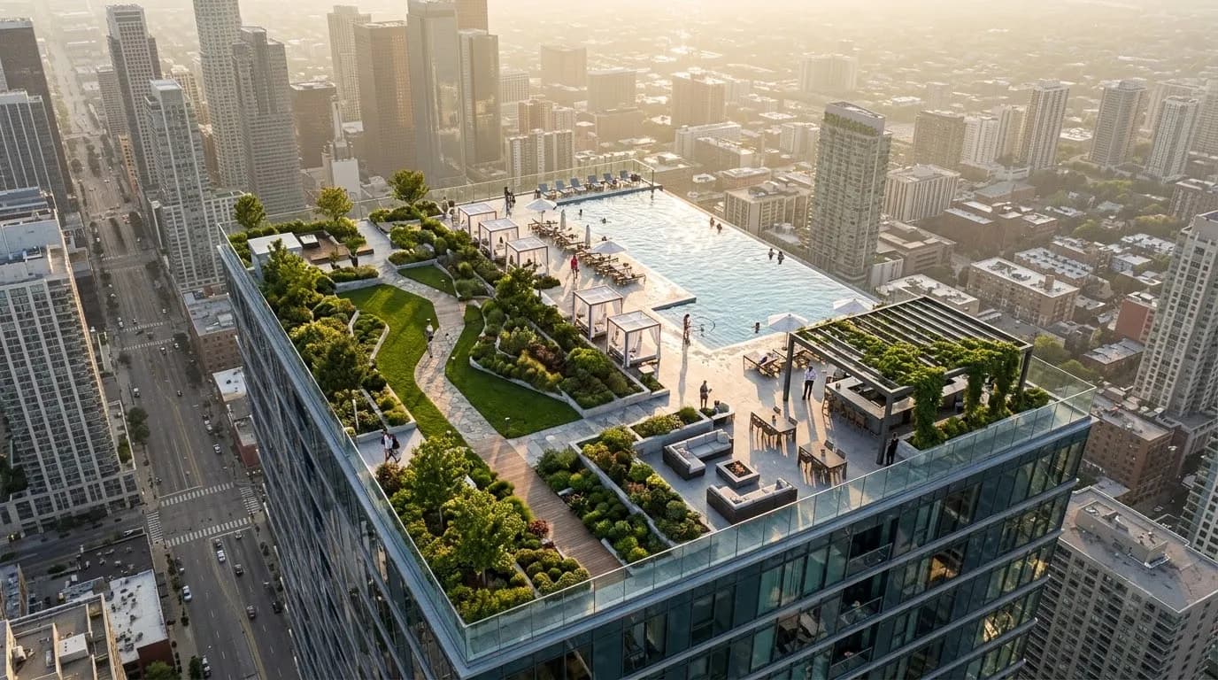 Rooftop pool and garden seen from above