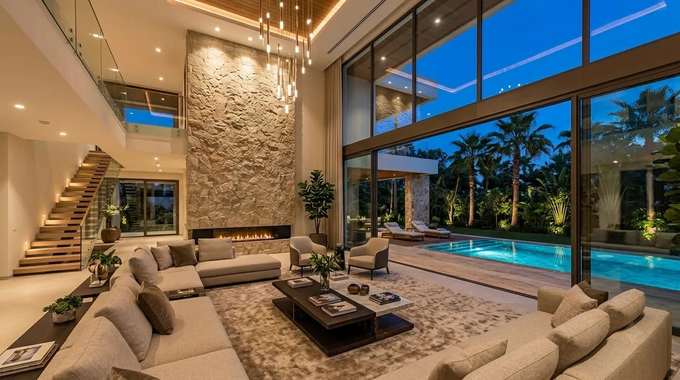 Double-height villa living room opening to the pool